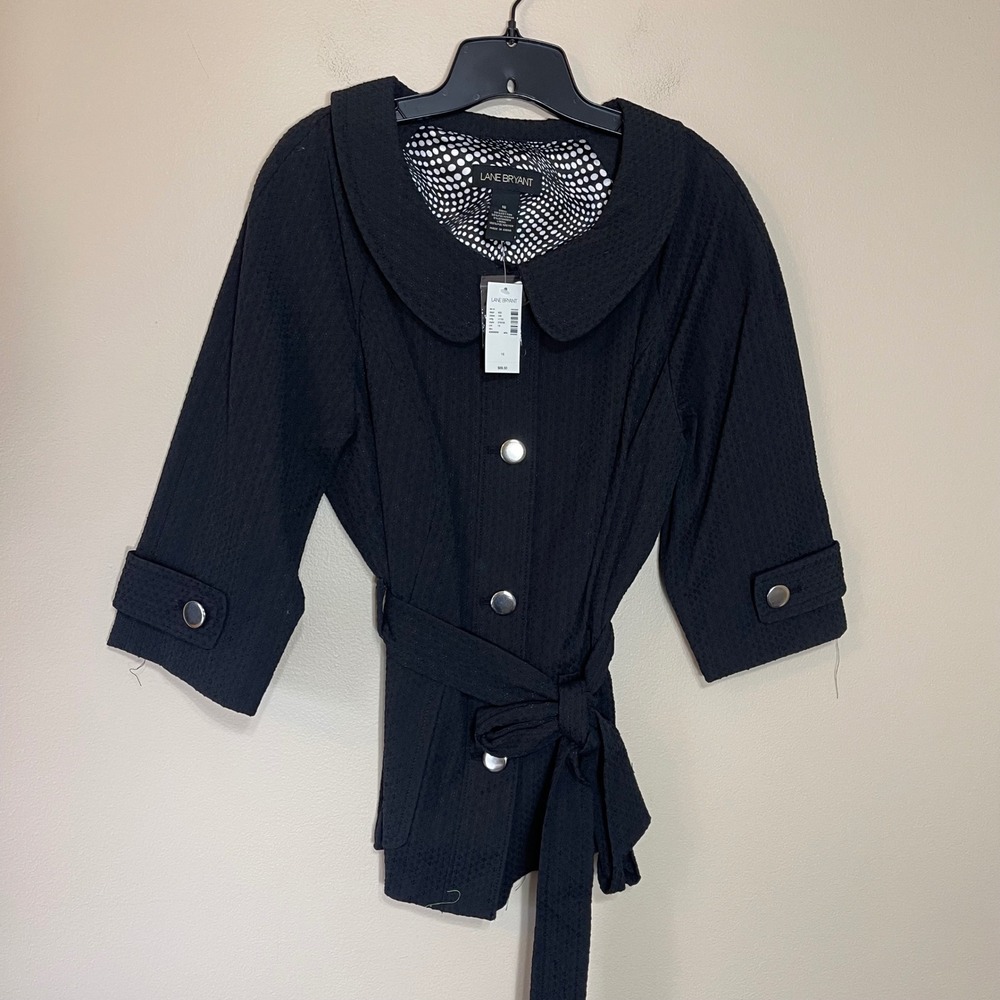NEW Lane Bryant Womens Black Textured Belted Jacket Peter Pan Collar Size 16